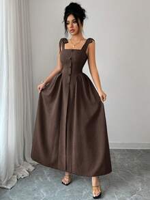 Elenzga New Arrival Tie-Shoulder Textured Bicolor Woven Midi Dress, Youthful Elegant Versatile Office Wear - Brown - View 3
