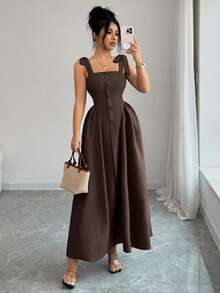 Elenzga New Arrival Tie-Shoulder Textured Bicolor Woven Midi Dress, Youthful Elegant Versatile Office Wear - Brown - View 6