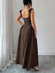 Elenzga New Arrival Tie-Shoulder Textured Bicolor Woven Midi Dress, Youthful Elegant Versatile Office Wear - Brown - View 2