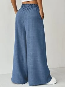 RiviMae Women's Solid Color High-Waist Belted Wide Leg Casual Pants With Pockets Fall Cloth For Women - Royal Blue - View 3