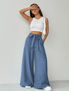 RiviMae Women's Solid Color High-Waist Belted Wide Leg Casual Pants With Pockets Fall Cloth For Women - Royal Blue - View 5