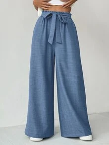 RiviMae Women's Solid Color High-Waist Belted Wide Leg Casual Pants With Pockets Fall Cloth For Women - Royal Blue - View 7