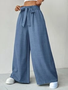 RiviMae Women's Solid Color High-Waist Belted Wide Leg Casual Pants With Pockets Fall Cloth For Women - Royal Blue - View 6