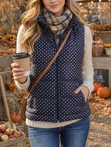 SHEIN Women's New Autumn/Winter Navy Blue Polka Dot Pattern Loose Sleeveless Elegant Daily Commute Holiday Home Party Gathering Outfit Work Office Vest Jacket - Navy Blue - View 2