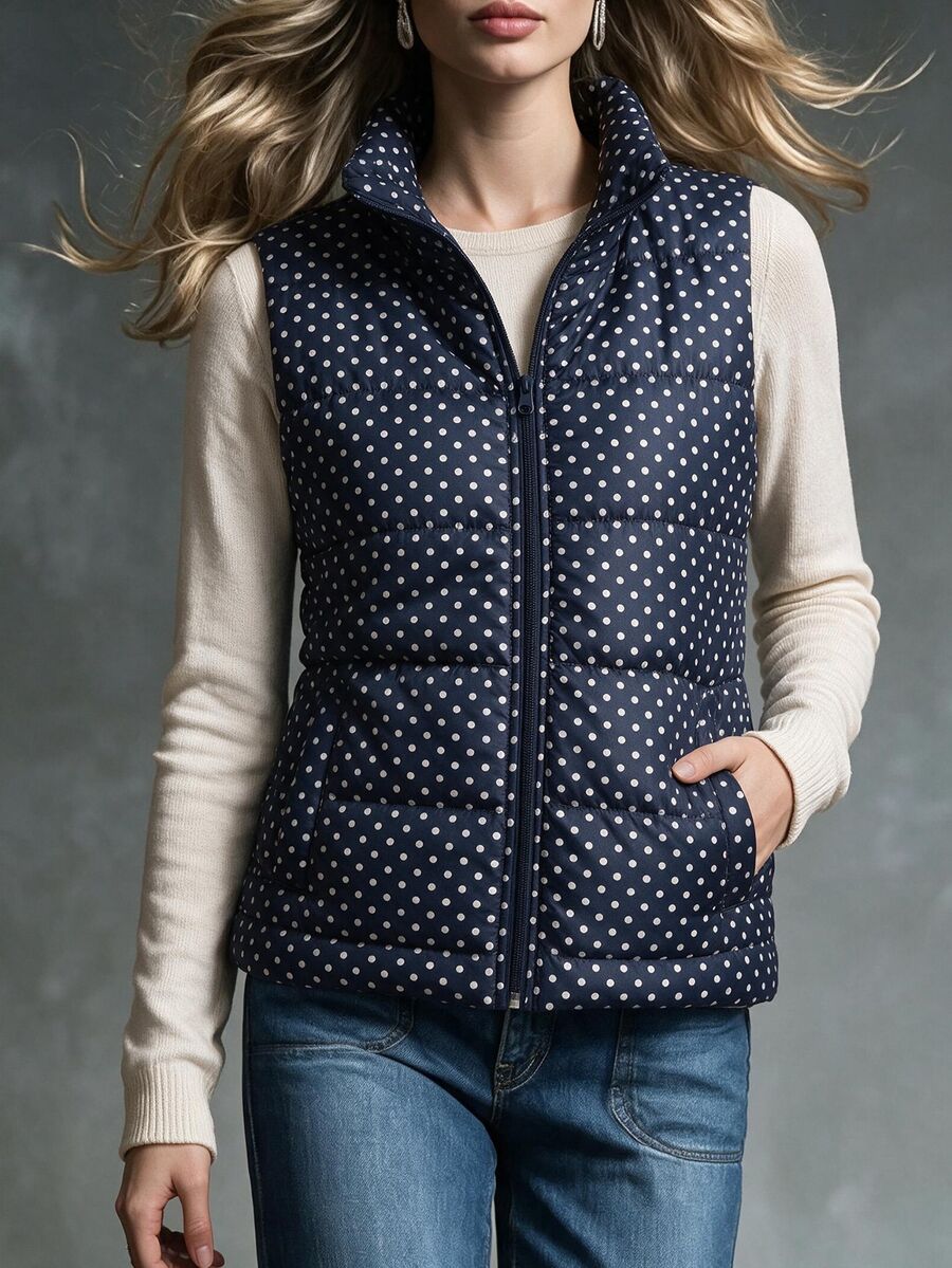 SHEIN Women's New Autumn/Winter Navy Blue Polka Dot Pattern Loose Sleeveless Elegant Daily Commute Holiday Home Party Gathering Outfit Work Office Vest Jacket - Navy Blue - View 1