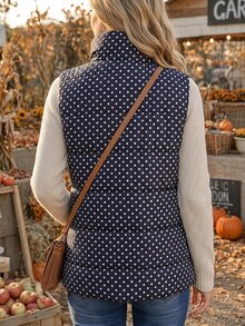 SHEIN Women's New Autumn/Winter Navy Blue Polka Dot Pattern Loose Sleeveless Elegant Daily Commute Holiday Home Party Gathering Outfit Work Office Vest Jacket - Navy Blue - View 3