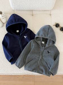 SHEIN Playful Pals 3件組男嬰春秋灰色卡其色海軍藍極簡休閒風小恐龍刺繡連帽長袖拉鍊開襟外套 寬鬆落肩版型 適合日常外出、戶外玩耍、上學穿著、家庭聚會、拍照拍攝 - 彩色 - 查看 3