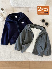 SHEIN Playful Pals 3件組男嬰春秋灰色卡其色海軍藍極簡休閒風小恐龍刺繡連帽長袖拉鍊開襟外套 寬鬆落肩版型 適合日常外出、戶外玩耍、上學穿著、家庭聚會、拍照拍攝 - 彩色 - 查看 1