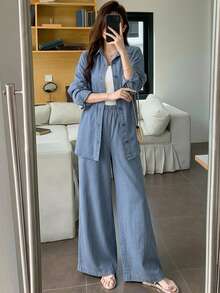 DAZY Set Denim Kasual Sehari-hari Wanita untuk Musim Gugur, Atasan Lengan Panjang Kancing Tunggal dan Celana Panjang - Biru - View 8
