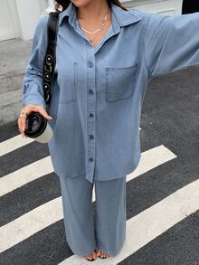 DAZY Set Denim Kasual Sehari-hari Wanita untuk Musim Gugur, Atasan Lengan Panjang Kancing Tunggal dan Celana Panjang - Biru - View 9