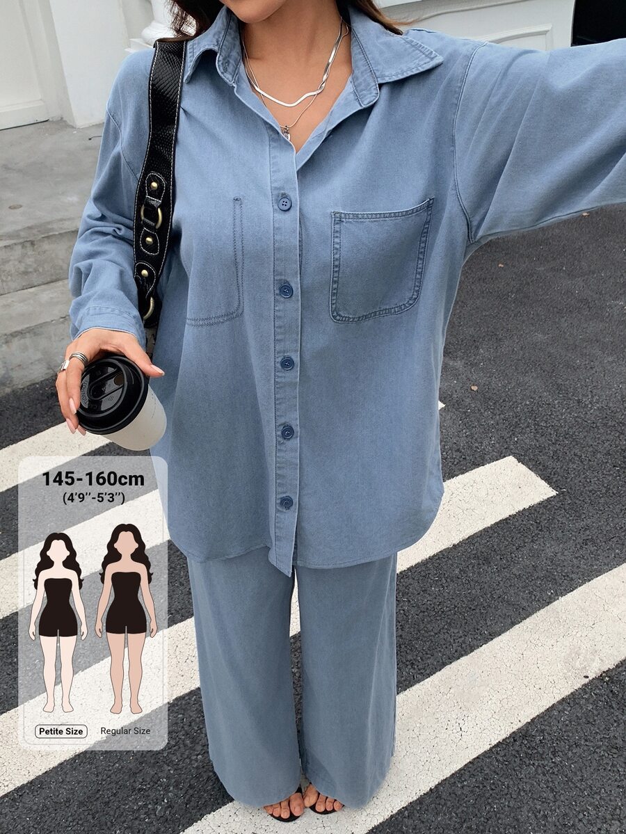 DAZY Set Denim Kasual Sehari-hari Wanita untuk Musim Gugur, Atasan Lengan Panjang Kancing Tunggal dan Celana Panjang - Biru - View 1