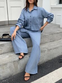 DAZY Set Denim Kasual Sehari-hari Wanita untuk Musim Gugur, Atasan Lengan Panjang Kancing Tunggal dan Celana Panjang - Biru - View 4