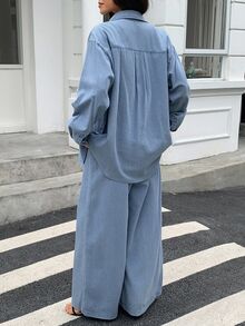 DAZY Set Denim Kasual Sehari-hari Wanita untuk Musim Gugur, Atasan Lengan Panjang Kancing Tunggal dan Celana Panjang - Biru - View 3