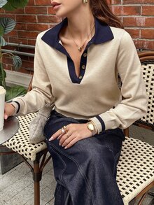 Livesso Petite Women's Colorblock Casual Versatile Daily Wear Long Sleeve Sweater Fall - Beige - View 2