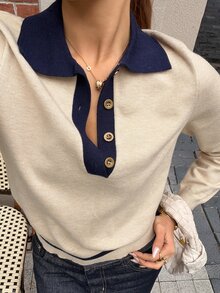 Livesso Petite Women's Colorblock Casual Versatile Daily Wear Long Sleeve Sweater Fall - Beige - View 3