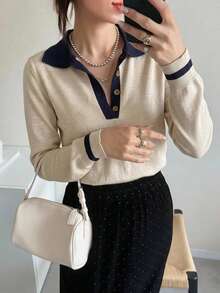Livesso Petite Women's Colorblock Casual Versatile Daily Wear Long Sleeve Sweater Fall - Beige - View 5