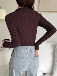 Livesso Petite 女款純色翻領長袖修身休閒百搭針織衫 秋季 - 酒紅色 - 查看 5