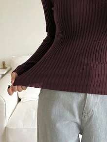 Livesso Petite 女款純色翻領長袖修身休閒百搭針織衫 秋季 - 酒紅色 - 查看 4