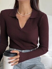 Livesso Petite 女款純色翻領長袖修身休閒百搭針織衫 秋季 - 酒紅色 - 查看 2