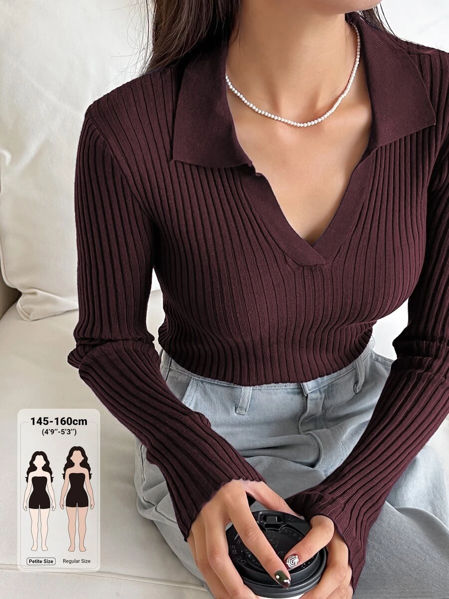 Livesso Petite 女款純色翻領長袖修身休閒百搭針織衫 秋季 - 酒紅色 - 查看 1