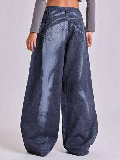 Summer Autumn Winter Spring Street Casual Y2K Optical Illusion Body Graphic English Letter Print Loose Straight Leg Denim Jeans