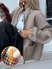 Livesso Petite Women's Houndstooth Long Sleeve Zip-Up Casual Regular Fit Jacket Fall - Brown - View 11
