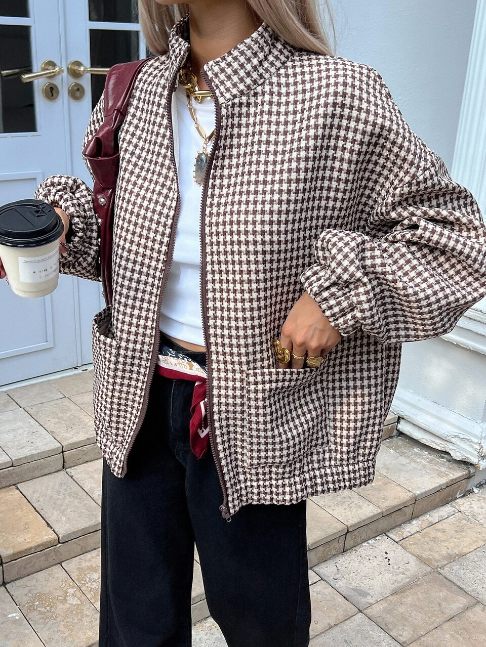 Women's Houndstooth Long Sleeve Zip-Up Casual Regular Fit Jacket Fall Plaid