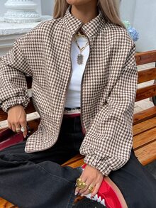 Livesso Petite Women's Houndstooth Long Sleeve Zip-Up Casual Regular Fit Jacket Fall - Brown - View 5