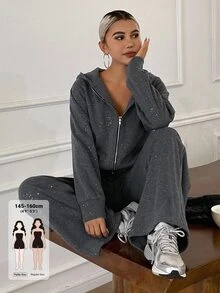 DAZY Women's Zip-Up Long Sleeve Top And Pants Casual Daily 2 Pieces Set Fall - Grey - View 1