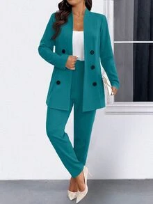 Elenzga Plus Size Women's Elegant Double-Breasted Long Sleeve Jacket And Pants Suit Set, Autumn - Teal Blue - View 4
