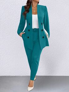 Elenzga Plus Size Women's Elegant Double-Breasted Long Sleeve Jacket And Pants Suit Set, Autumn - Teal Blue - View 5