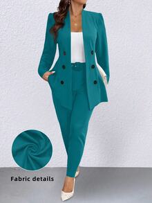 Elenzga Plus Size Women's Elegant Double-Breasted Long Sleeve Jacket And Pants Suit Set, Autumn - Teal Blue - View 1