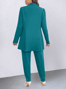 Elenzga Plus Size Women's Elegant Double-Breasted Long Sleeve Jacket And Pants Suit Set, Autumn - Teal Blue - View 2