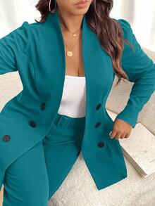 Elenzga Plus Size Women's Elegant Double-Breasted Long Sleeve Jacket And Pants Suit Set, Autumn - Teal Blue - View 6