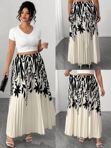 Elenzga Women's Plus Size Elegant Commute Printed Pleated A-Line Skirt Fall - Multicolor - View 1