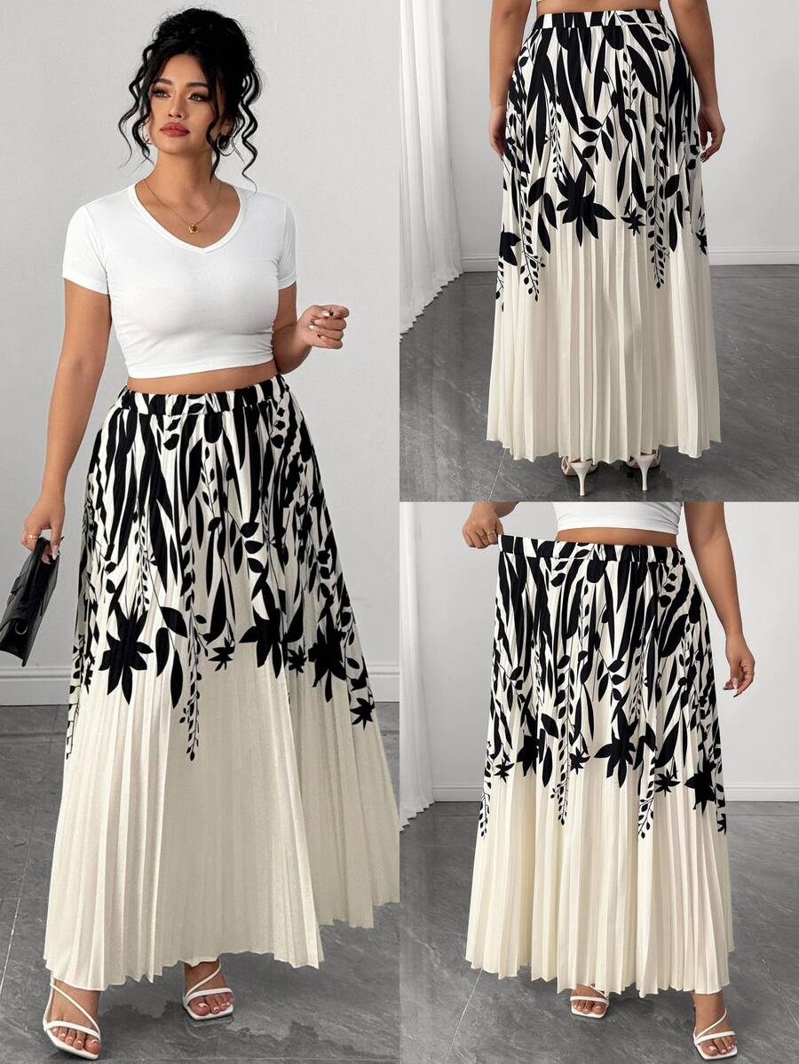 Elenzga Women's Plus Size Elegant Commute Printed Pleated A-Line Skirt Fall - Multicolor - View 1