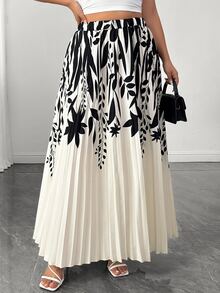 Elenzga Women's Plus Size Elegant Commute Printed Pleated A-Line Skirt Fall - Multicolor - View 6