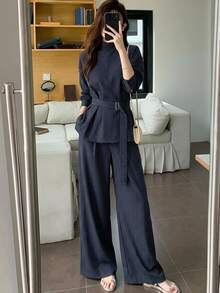 Livesso Petite Women's Striped Stand Collar Long Sleeve Shirt And Pants Casual 2 Pieces Set Fall - Blue - View 7