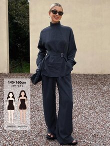 Livesso Petite Women's Striped Stand Collar Long Sleeve Shirt And Pants Casual 2 Pieces Set Fall - Blue - View 1