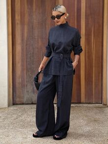 Livesso Petite Women's Striped Stand Collar Long Sleeve Shirt And Pants Casual 2 Pieces Set Fall - Blue - View 2