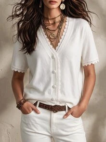 Sprig & Strand Guipure Lace Trim Button Front Cardigan - White - View 4