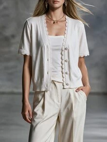 Sprig & Strand Guipure Lace Trim Button Front Cardigan - White - View 3