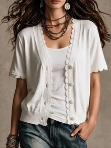 Sprig & Strand Guipure Lace Trim Button Front Cardigan - White - View 5