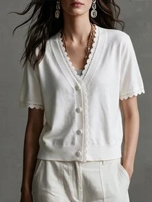 Sprig & Strand Guipure Lace Trim Button Front Cardigan - White - View 6