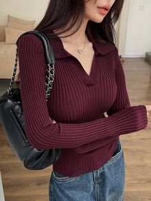 DAZY Women's Solid Color Collared Long Sleeve Slim Fit Casual Sweater Fall - Burgundy - View 4