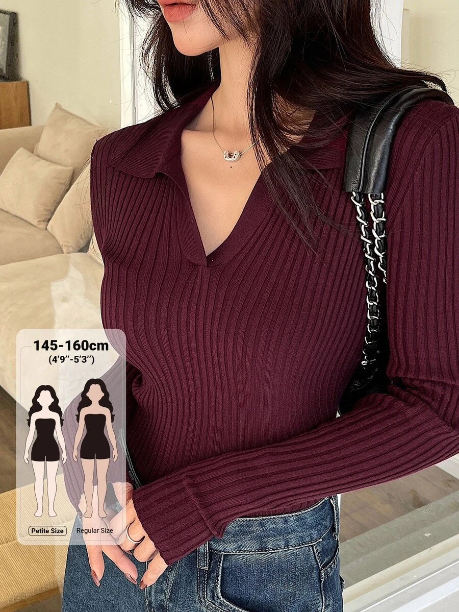 DAZY Women's Solid Color Collared Long Sleeve Slim Fit Casual Sweater Fall - Burgundy - View 1