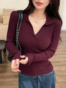 DAZY Women's Solid Color Collared Long Sleeve Slim Fit Casual Sweater Fall - Burgundy - View 2