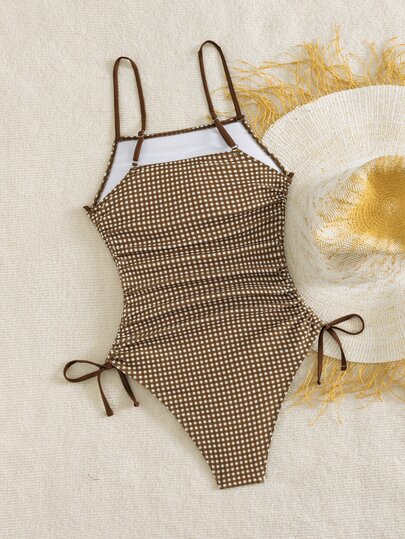 Swim Mod Cute Girls Casual Vacation Youthful Ditsy Floral Random Print Outing Beach Swimsuit Drawstring Tie-Up Slimming Backless One-Piece Swimsuit