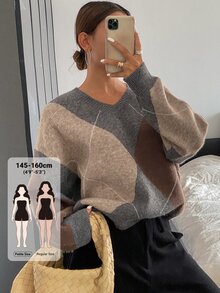 Livesso Petite Women's Casual Contrast Color Argyle Sweater, Autumn/Winter - Brown - View 1