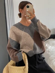 Livesso Petite Women's Casual Contrast Color Argyle Sweater, Autumn/Winter - Brown - View 7